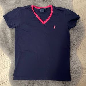 Ralph Lauren Navy V-Neck Tee with Pink Trim